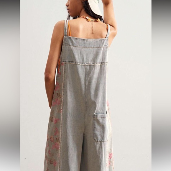Floral denim jumpsuit blue Wash overalls pockets flowers - Picture 3 of 6